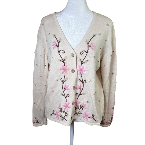 VTG Mandal Bay Floral Embroidered Beaded Cardigan Sweater Retro Cottagecore Sz M - Picture 1 of 13